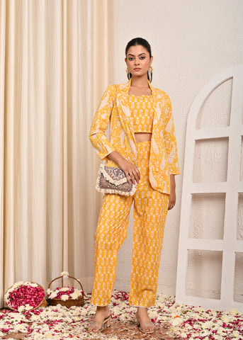 Floral Printed Printed Cotton Jacket Co-ord Set - Yellow