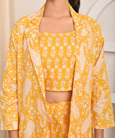 Floral Printed Printed Cotton Jacket Co-ord Set - Yellow
