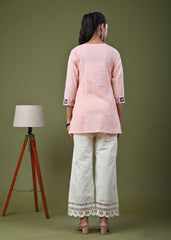 Solid Cross Stitch Embroidered Straight Fit Cotton Kurti - Peach