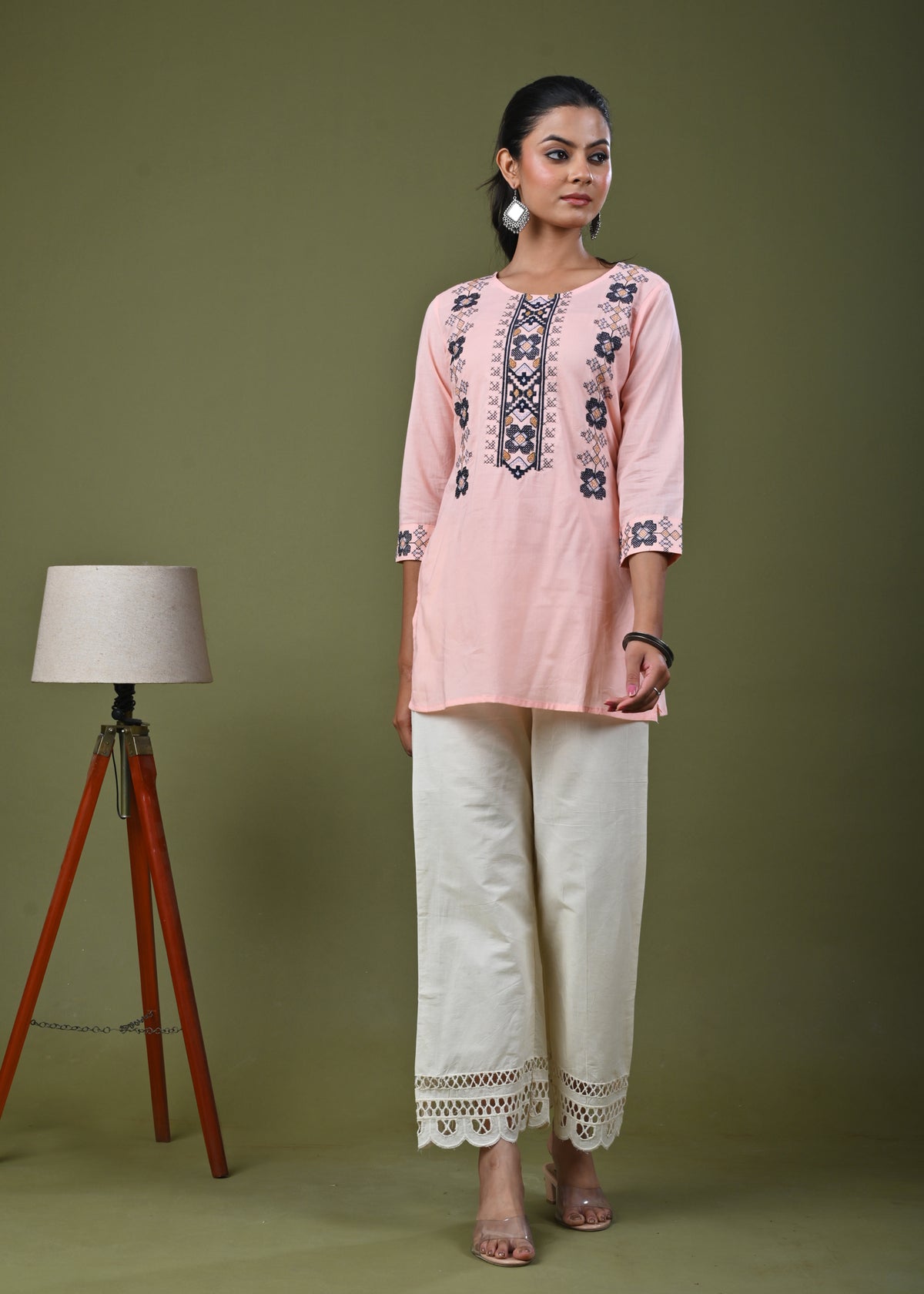 Solid Cross Stitch Embroidered Straight Fit Cotton Kurti - Peach