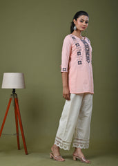 Solid Cross Stitch Embroidered Straight Fit Cotton Kurti - Peach