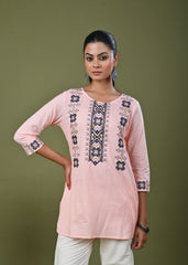 Solid Cross Stitch Embroidered Straight Fit Cotton Kurti - Peach