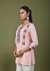 Solid Cross Stitch Embroidered Straight Fit Cotton Kurti - Peach