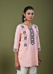Solid Cross Stitch Embroidered Straight Fit Cotton Kurti - Peach