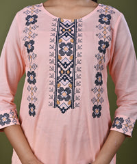 Solid Cross Stitch Embroidered Straight Fit Cotton Kurti - Peach