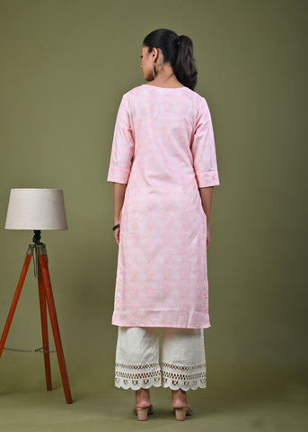 Abstract Tonal Light Printed Straight Fit Linen Kurta - Peach