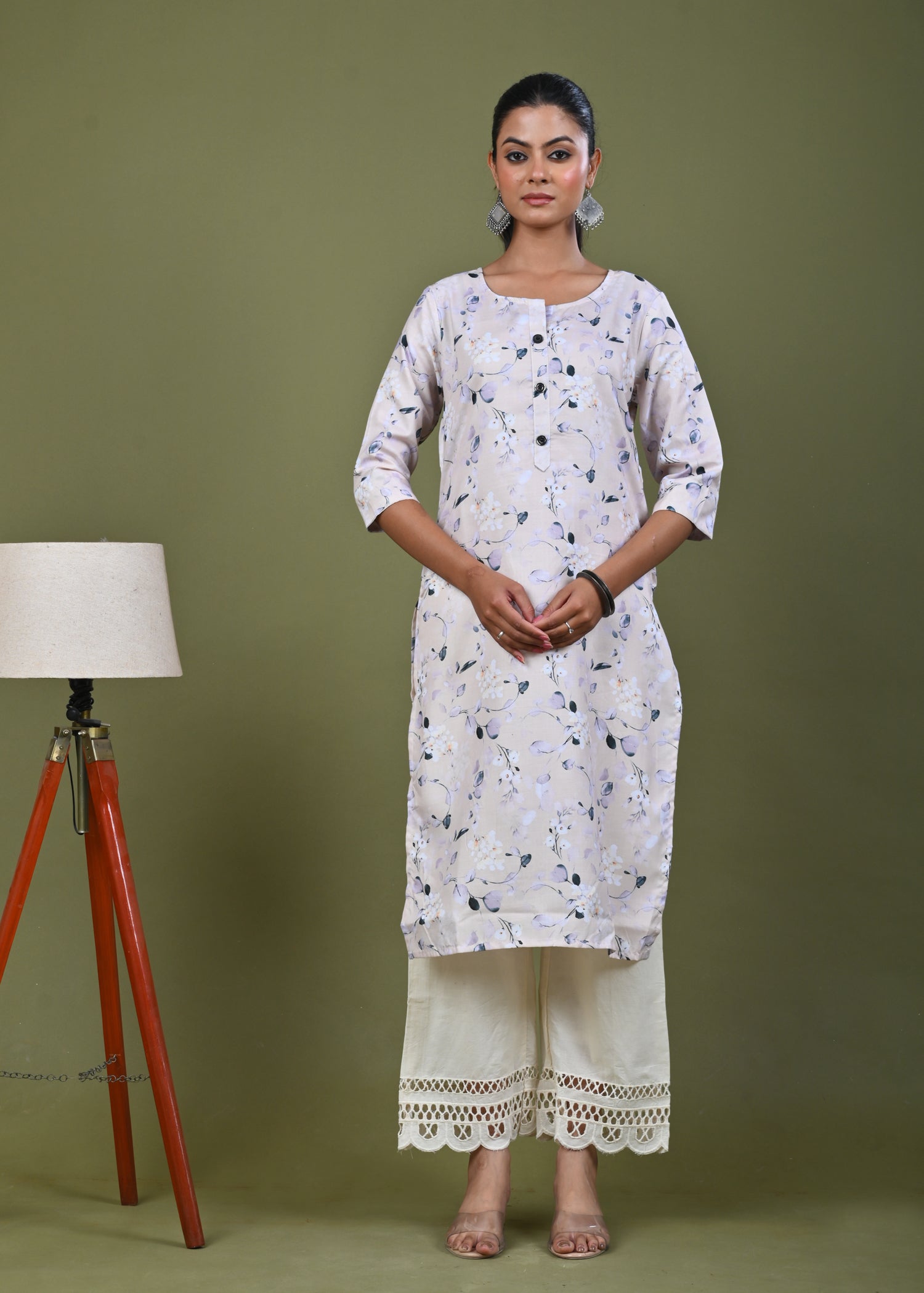 Floral Printed Printed Straight Fit Linen Kurta - Light Yellow