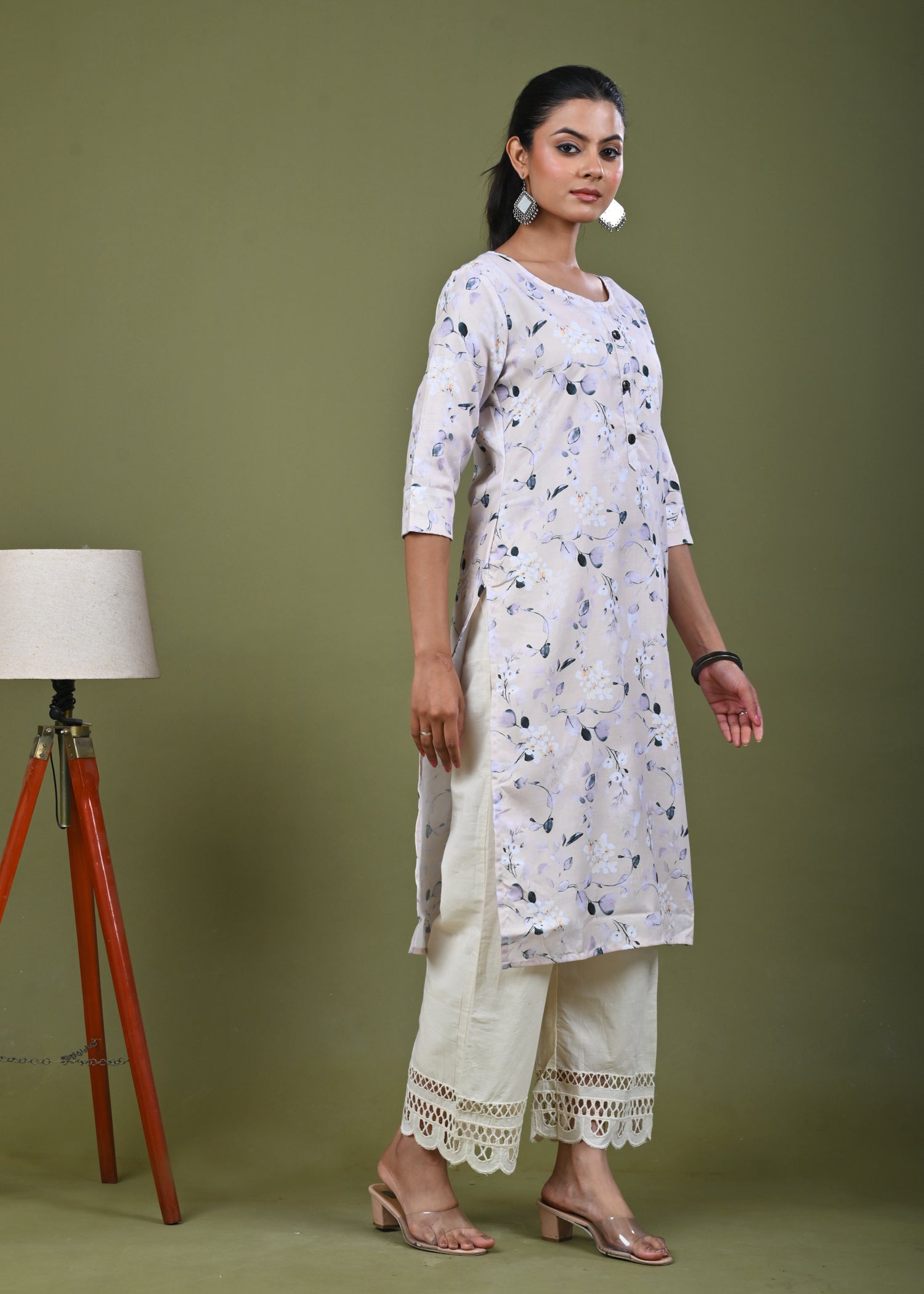 Floral Printed Printed Straight Fit Linen Kurta - Light Yellow