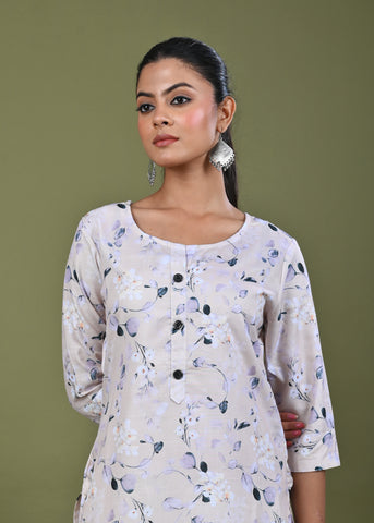Floral Printed Printed Straight Fit Linen Kurta - Light Yellow