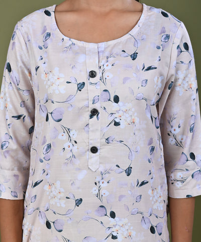 Floral Printed Printed Straight Fit Linen Kurta - Light Yellow