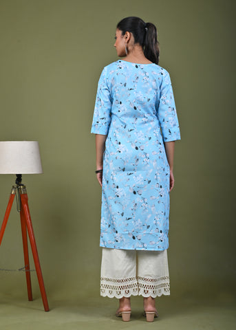 Floral Printed Printed Straight Fit Linen Kurta - Blue