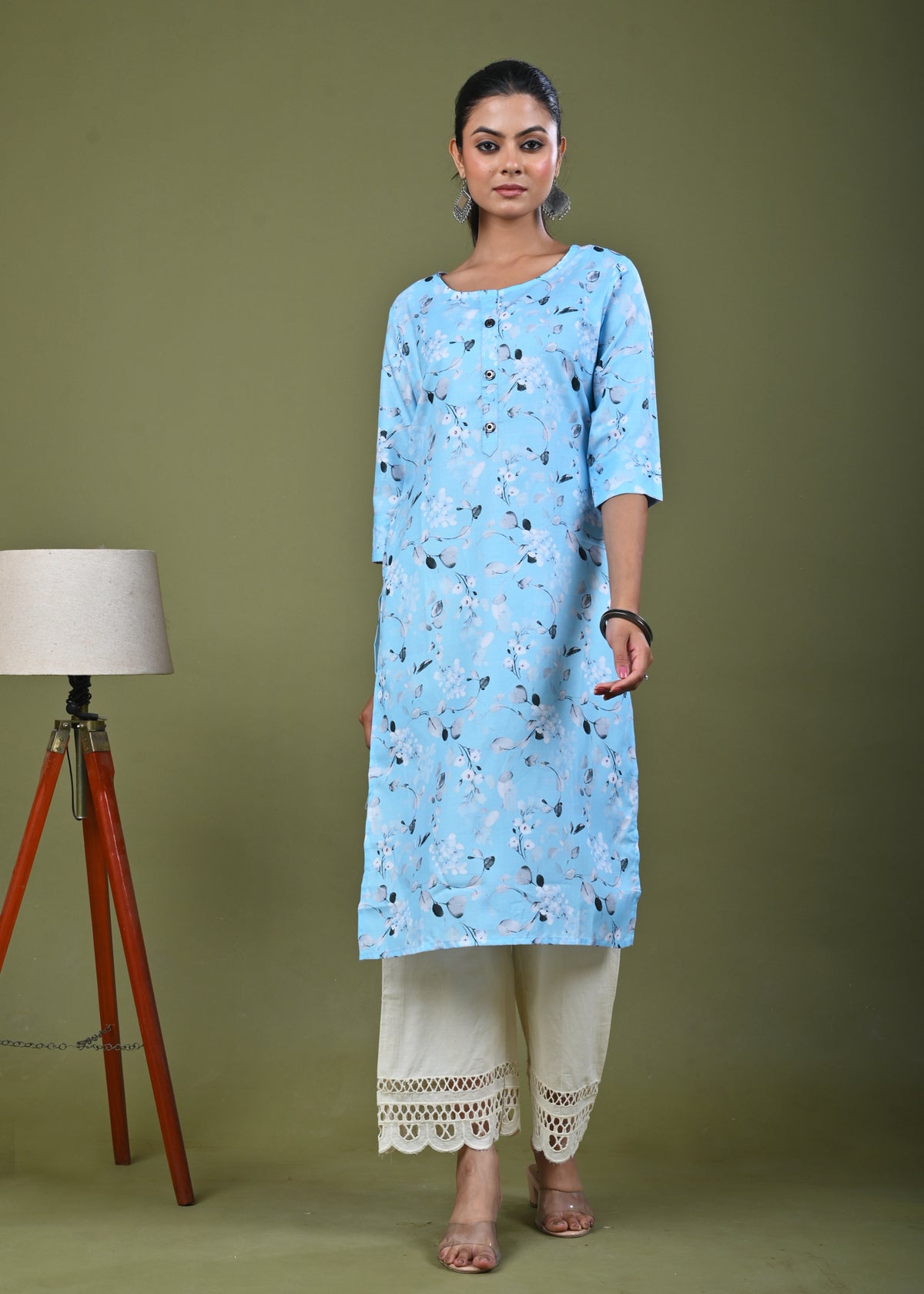 Floral Printed Printed Straight Fit Linen Kurta - Blue