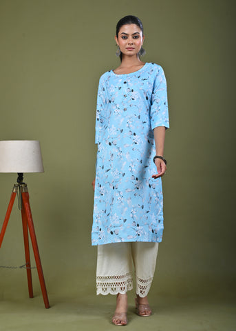 Floral Printed Printed Straight Fit Linen Kurta - Blue