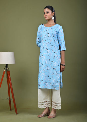 Floral Printed Printed Straight Fit Linen Kurta - Blue