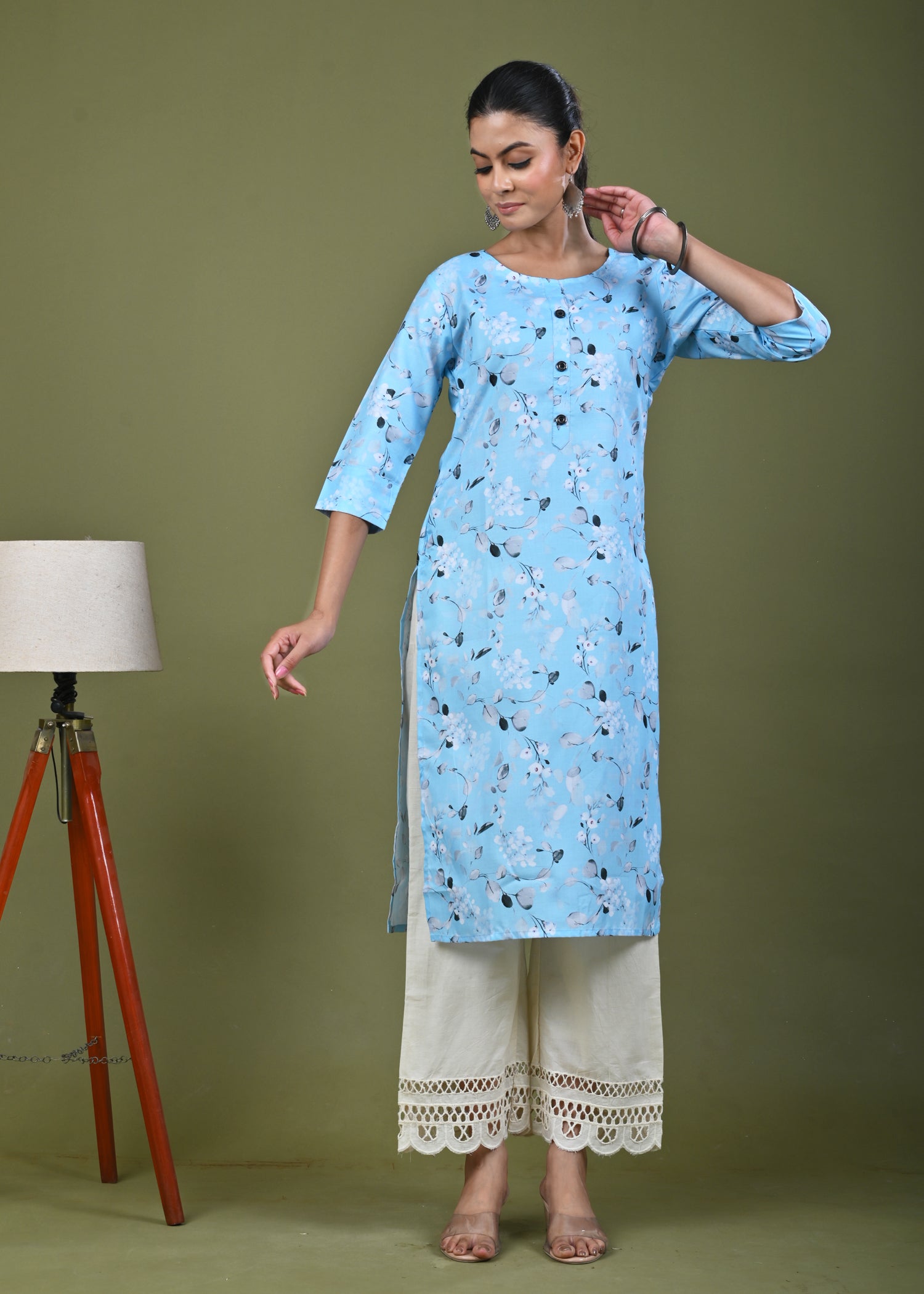 Floral Printed Printed Straight Fit Linen Kurta - Blue