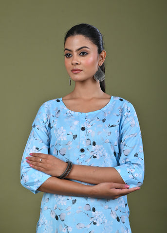 Floral Printed Printed Straight Fit Linen Kurta - Blue