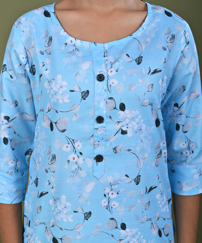Floral Printed Printed Straight Fit Linen Kurta - Blue