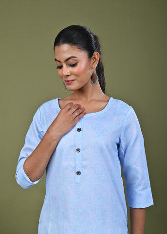 Abstract Tonal Light Printed Straight Fit Linen Kurta - Blue