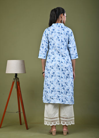 Abstract Floral Printed Printed Straight Fit Linen Kurta - Blue