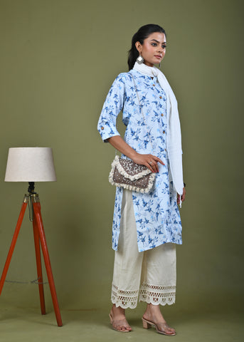 Abstract Floral Printed Printed Straight Fit Linen Kurta - Blue