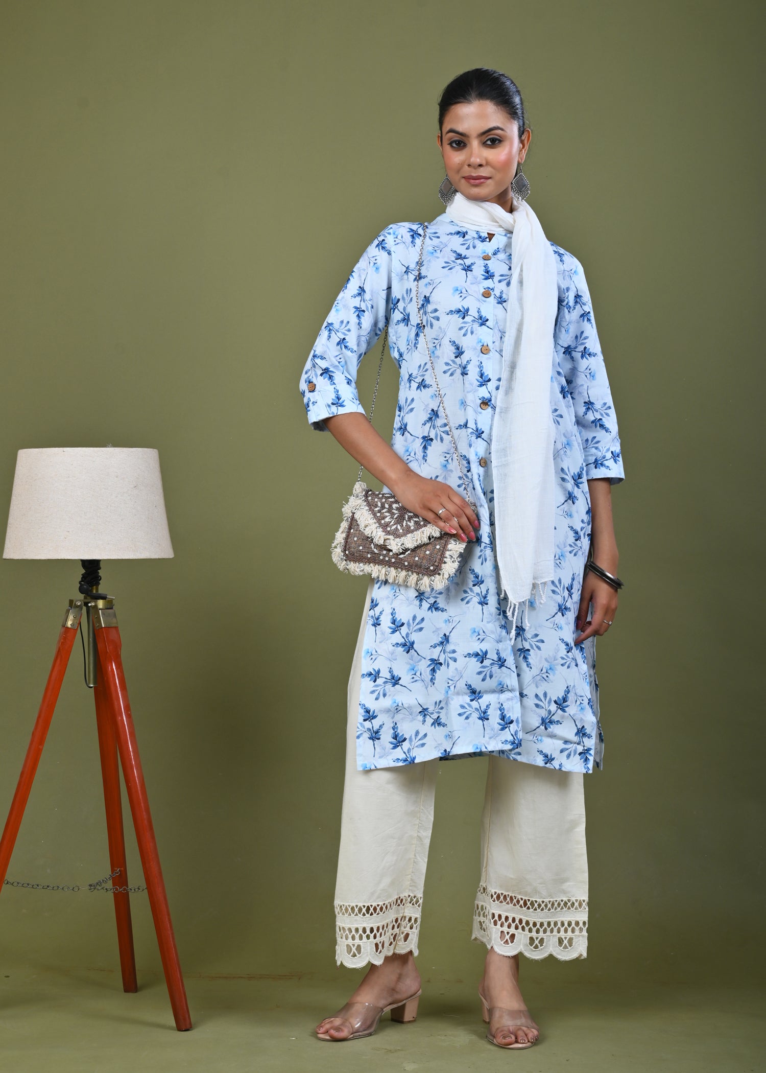 Abstract Floral Printed Printed Straight Fit Linen Kurta - Blue
