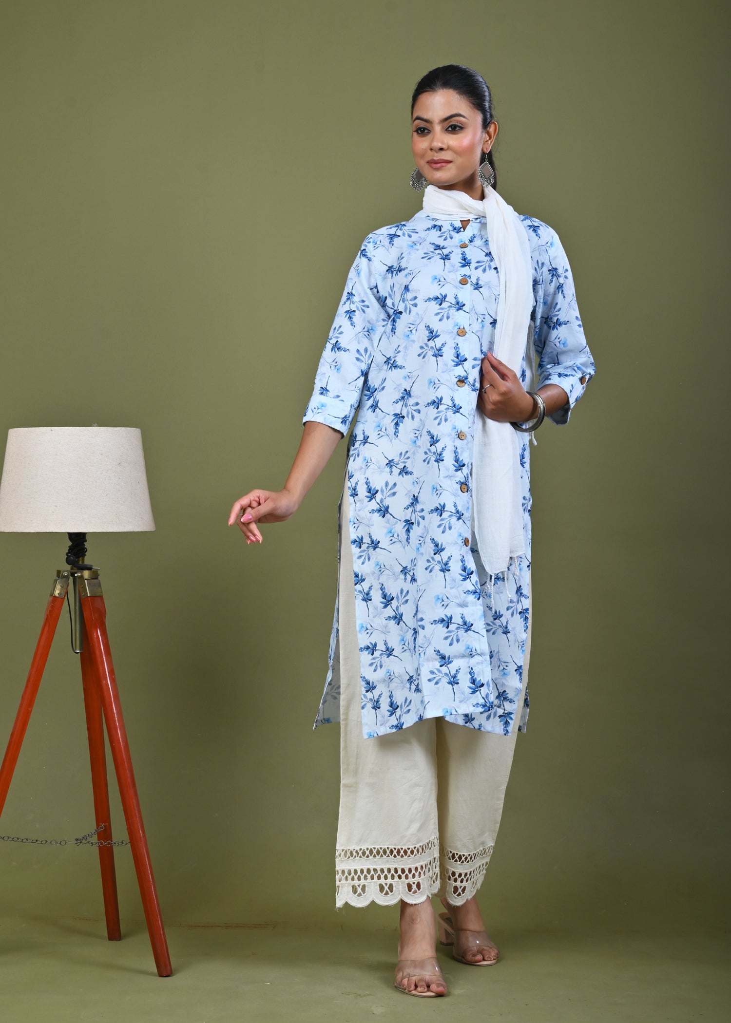 Abstract Floral Printed Printed Straight Fit Linen Kurta - Blue