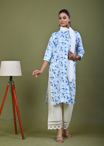 Abstract Floral Printed Printed Straight Fit Linen Kurta - Blue