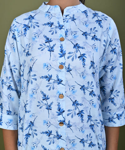 Abstract Floral Printed Printed Straight Fit Linen Kurta - Blue