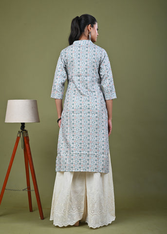 Ethnic Stripes Printed Linen Straight Fit Kurta - Green