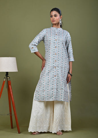Ethnic Stripes Printed Linen Straight Fit Kurta - Green