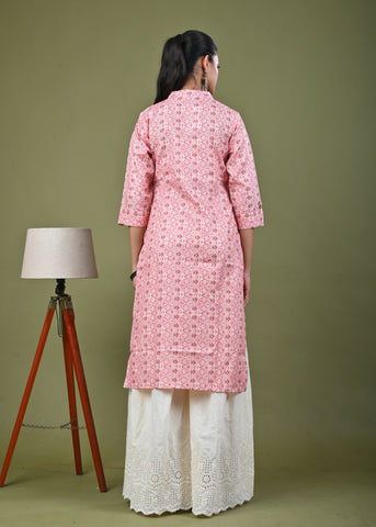 Ethnic Stripes Printed Linen Straight Fit Kurta - Peach