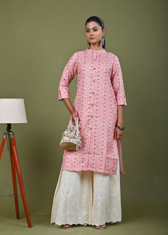Ethnic Stripes Printed Linen Straight Fit Kurta - Peach