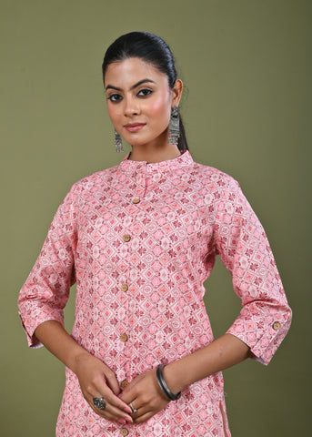 Ethnic Stripes Printed Linen Straight Fit Kurta - Peach