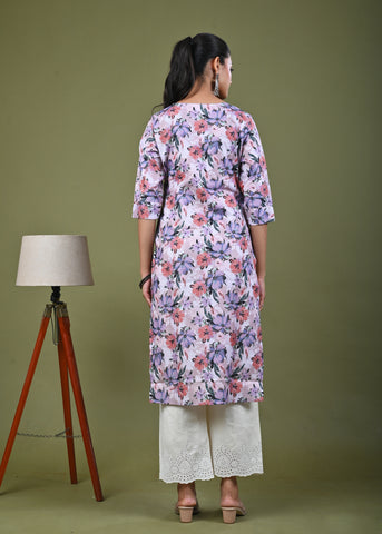 Abstract Floral Printed Printed Straight Fit Linen Kurta - Peach