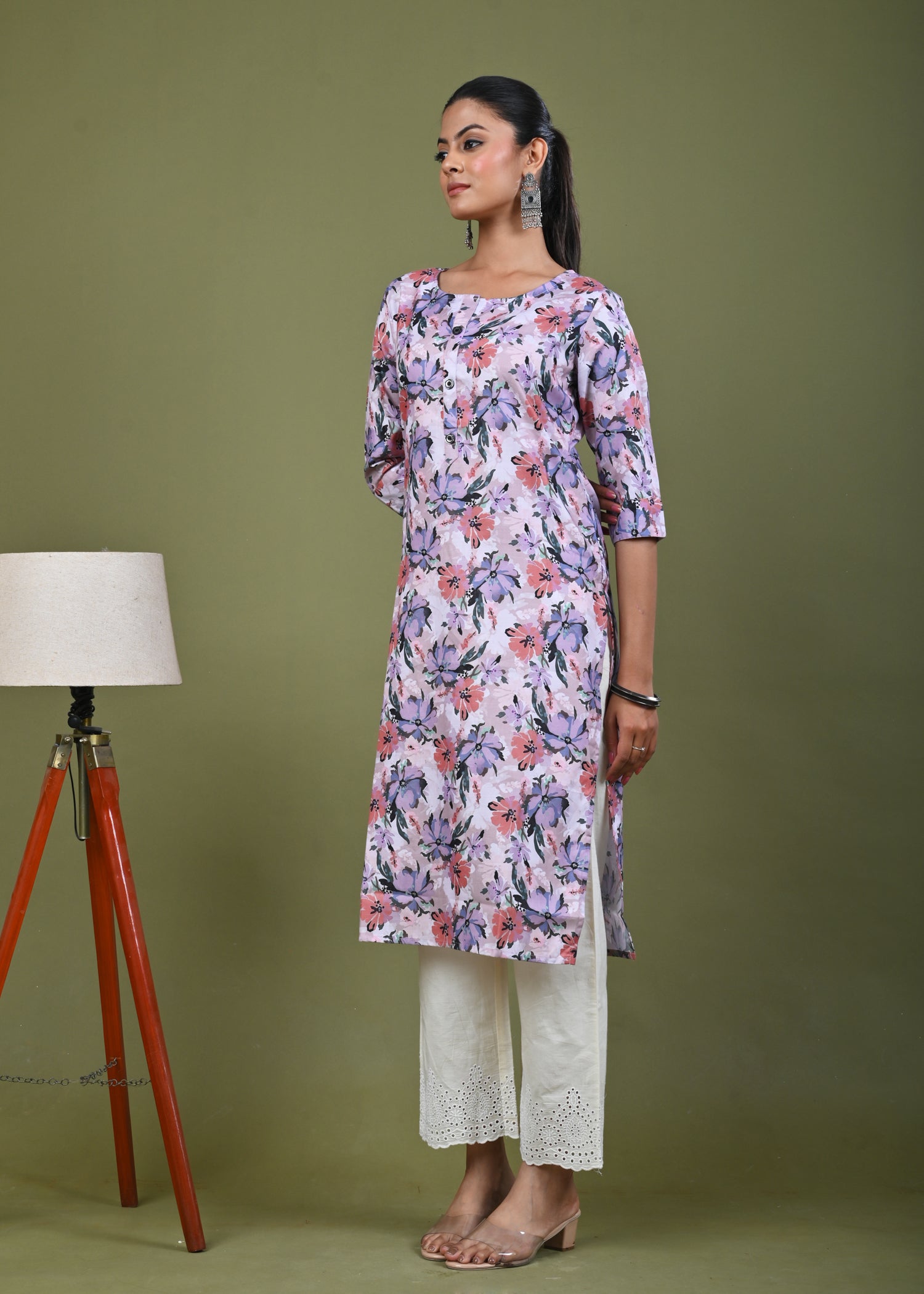 Abstract Floral Printed Printed Straight Fit Linen Kurta - Peach