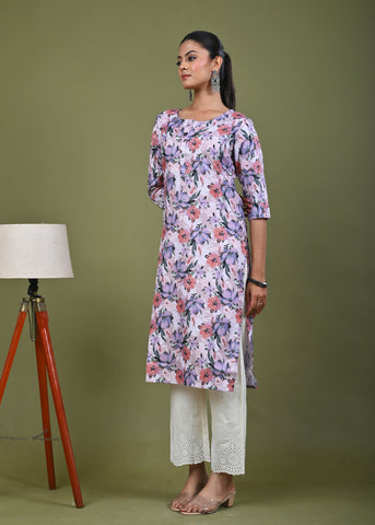Abstract Floral Printed Printed Straight Fit Linen Kurta - Peach