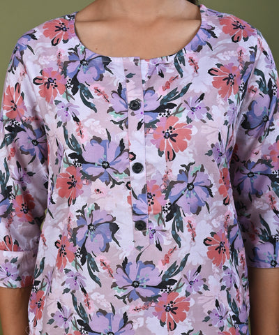 Abstract Floral Printed Printed Straight Fit Linen Kurta - Peach