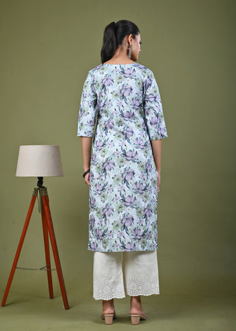 Abstract Floral Printed Printed Straight Fit Linen Kurta - Green