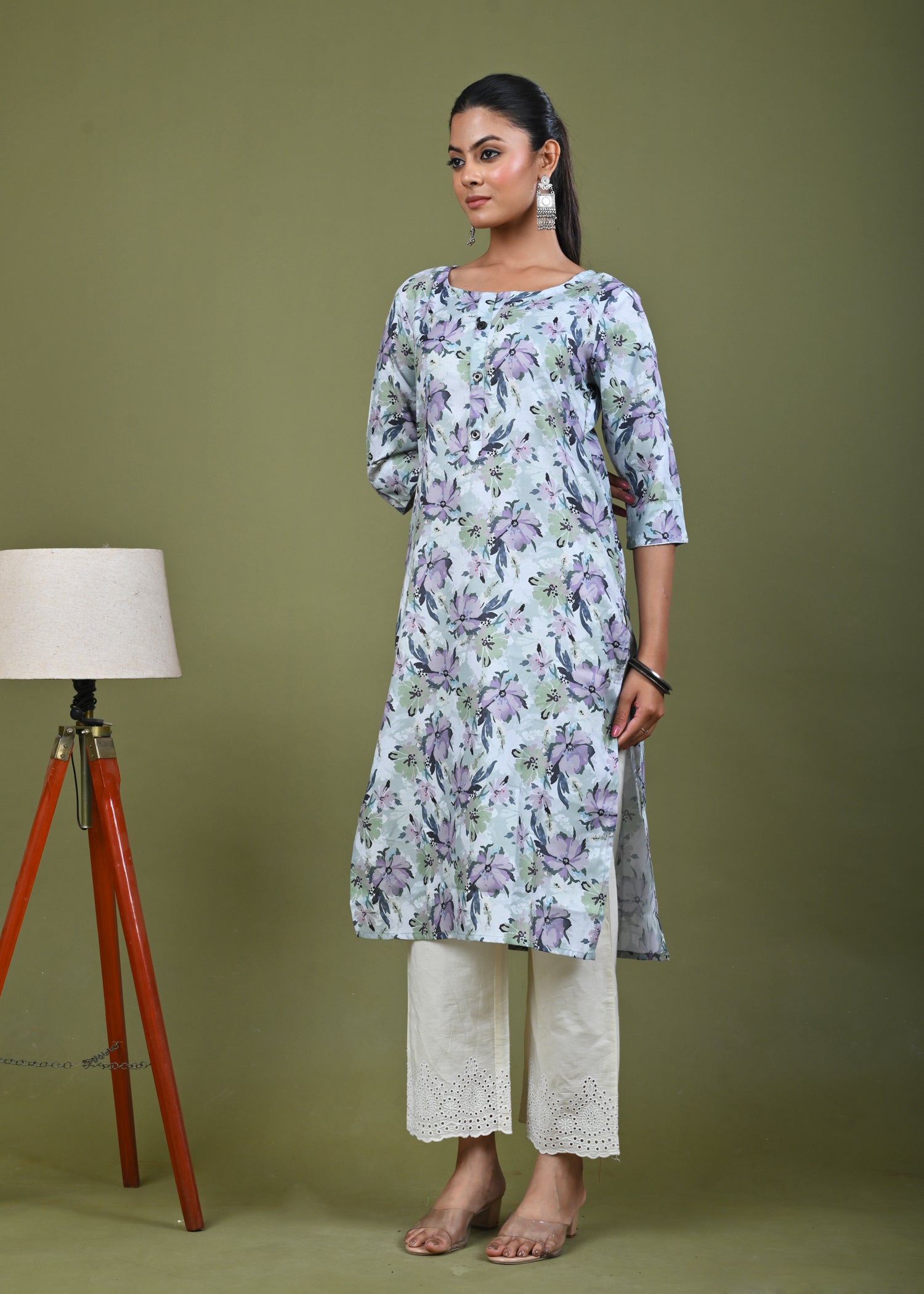 Abstract Floral Printed Printed Straight Fit Linen Kurta - Green