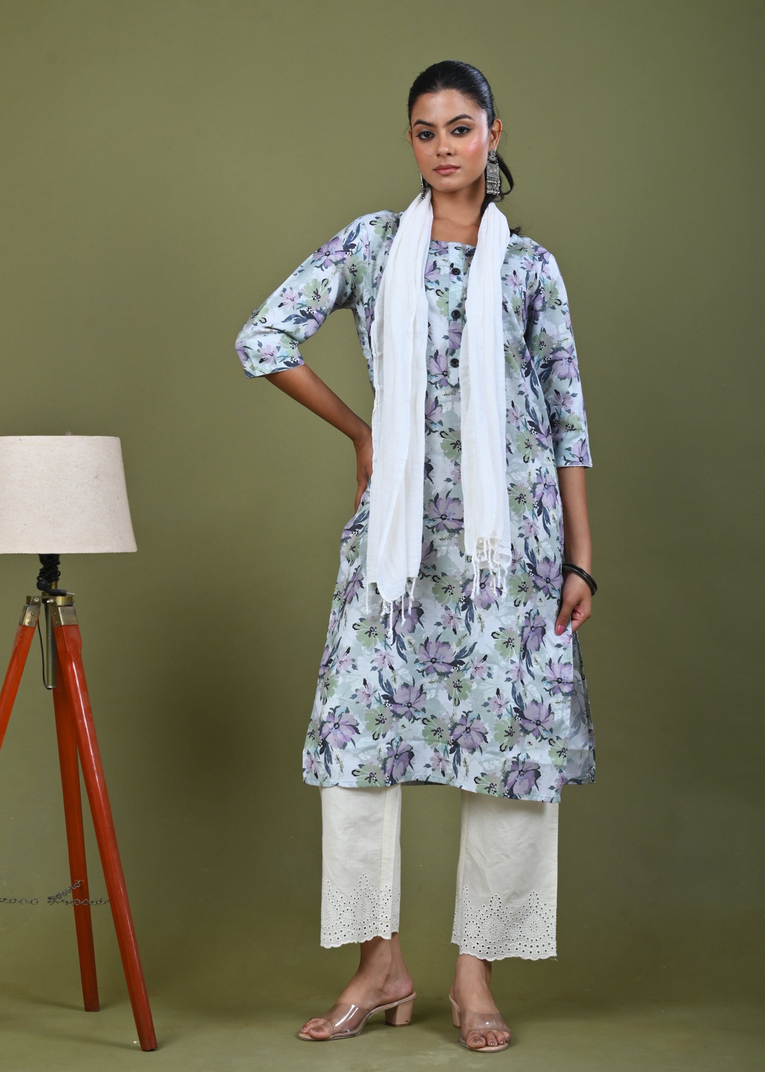 Abstract Floral Printed Printed Straight Fit Linen Kurta - Green