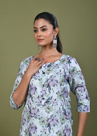Abstract Floral Printed Printed Straight Fit Linen Kurta - Green