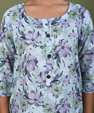 Abstract Floral Printed Printed Straight Fit Linen Kurta - Green