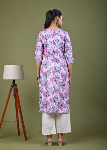 Abstract Floral Printed Printed Straight Fit Linen Kurta - Pink
