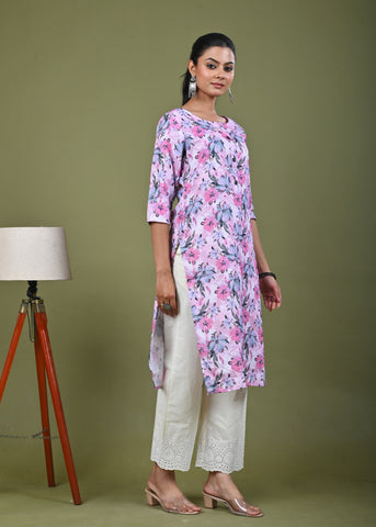 Abstract Floral Printed Printed Straight Fit Linen Kurta - Pink