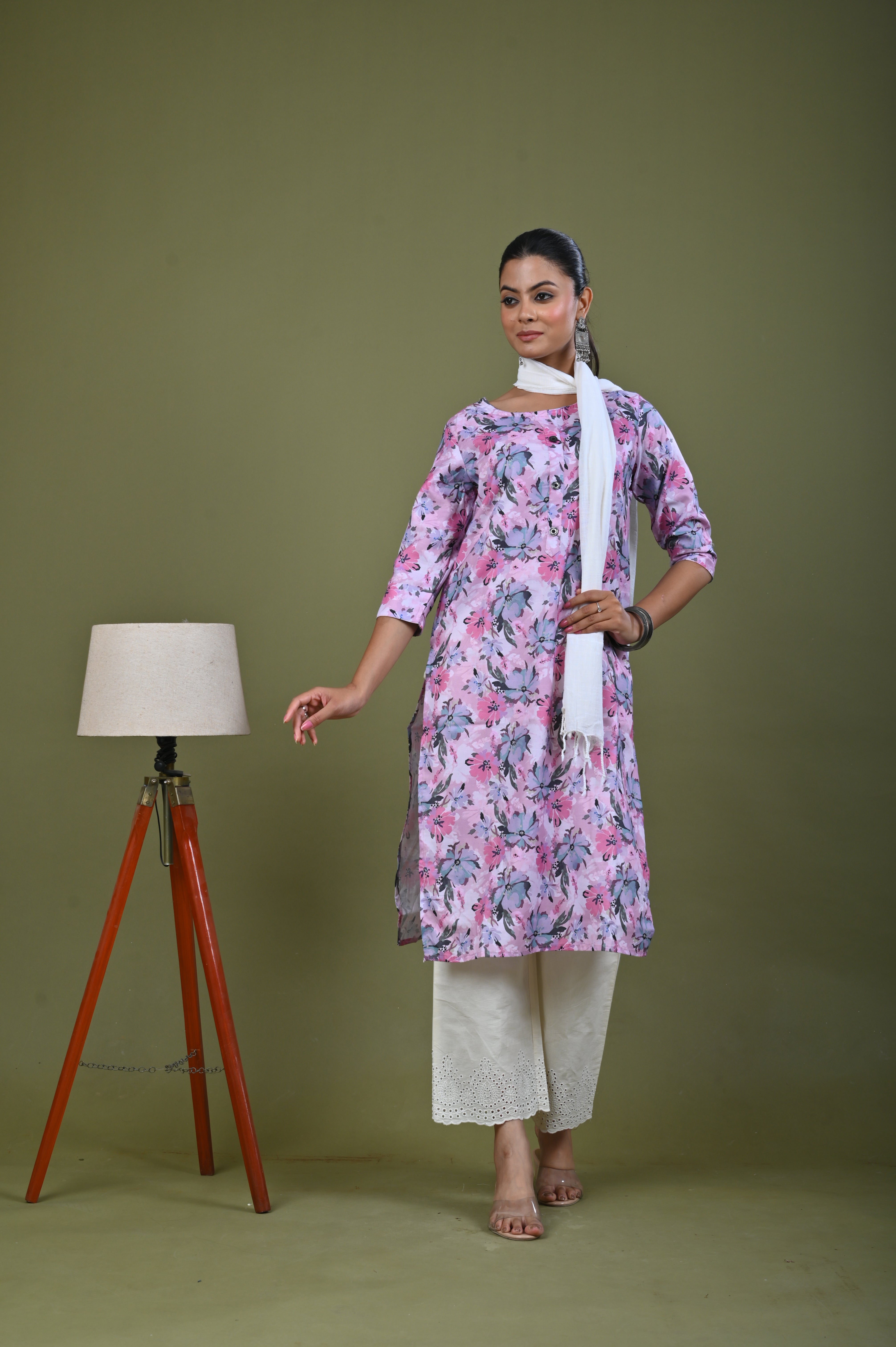 Abstract Floral Printed Printed Straight Fit Linen Kurta - Pink