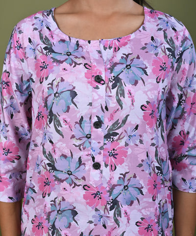 Abstract Floral Printed Printed Straight Fit Linen Kurta - Pink