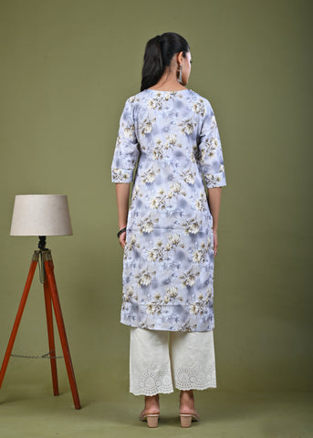 Floral Printed Printed Straight Fit Linen Kurta - Green