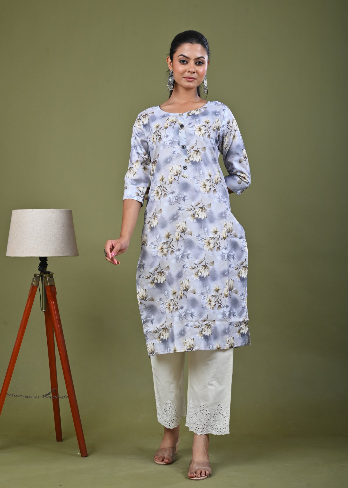 Floral Printed Printed Straight Fit Linen Kurta - Green