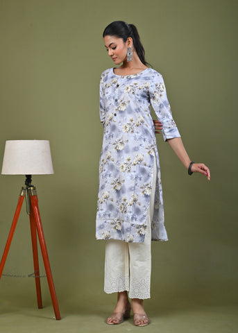 Floral Printed Printed Straight Fit Linen Kurta - Green