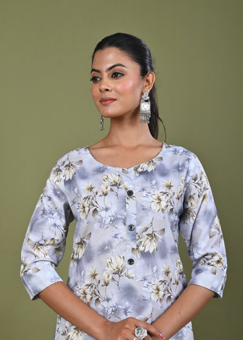 Floral Printed Printed Straight Fit Linen Kurta - Green